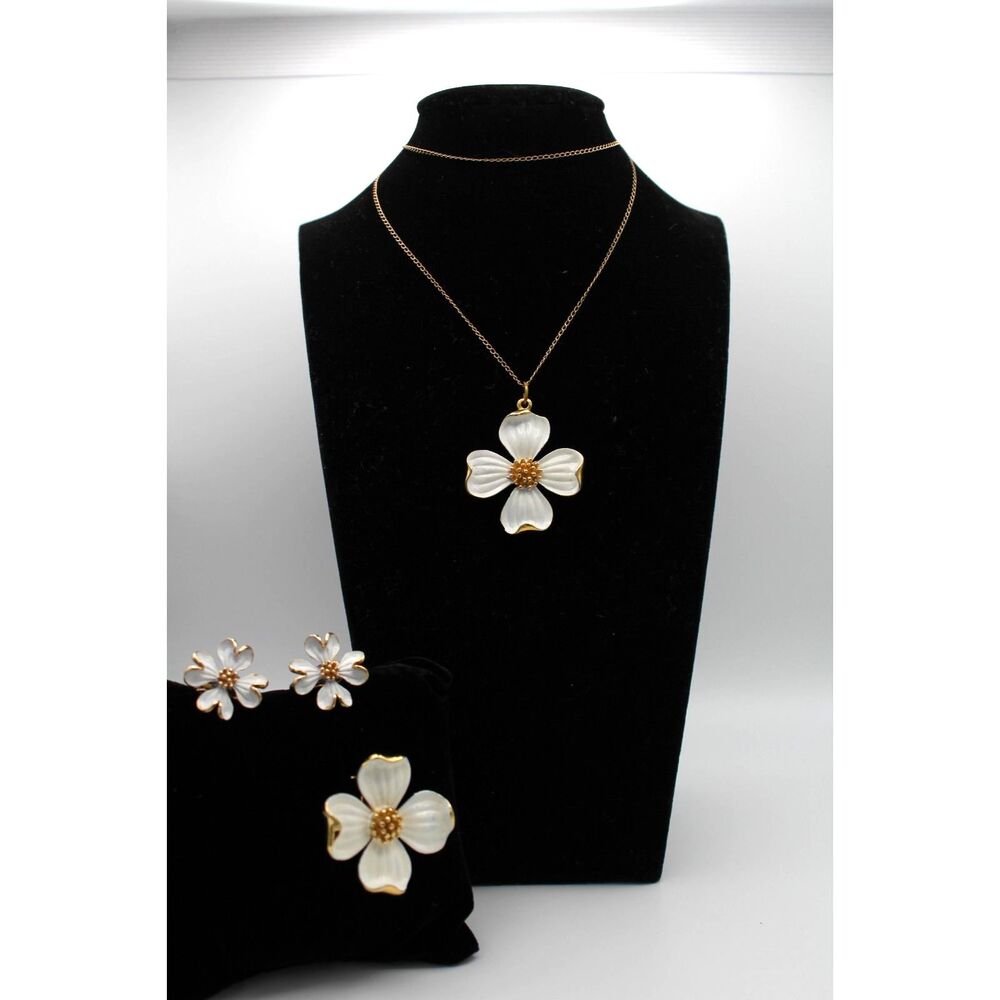 Trifari Dogwood Brooch, Pendant on Gold-Filled Chain, & Clip Earrings
